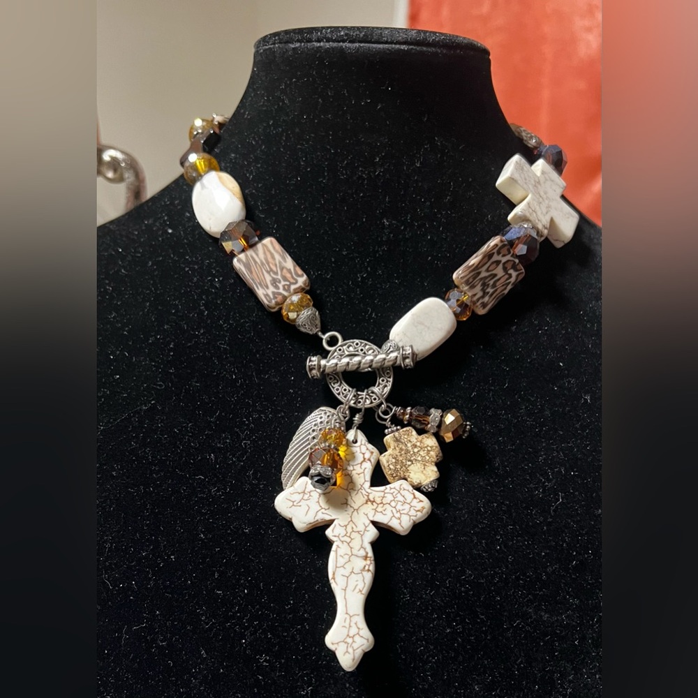 Rustic Brown and Cream Necklace with Cross Pendant